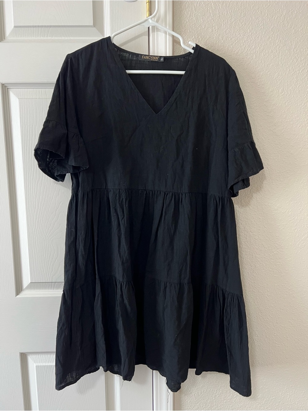 FANCYINN Black Tiered Babydoll Dress XL Flutter Sleeve Cottagecore